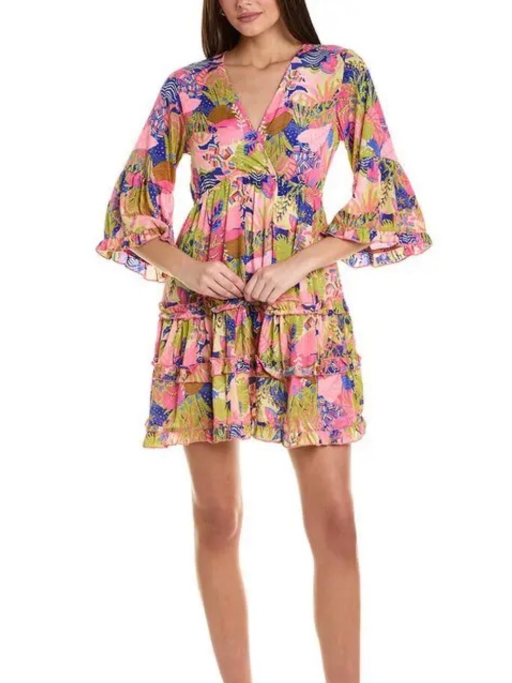 ANNA KAY Pink Multicolor Floral V-Neck Tiered Mini Dress